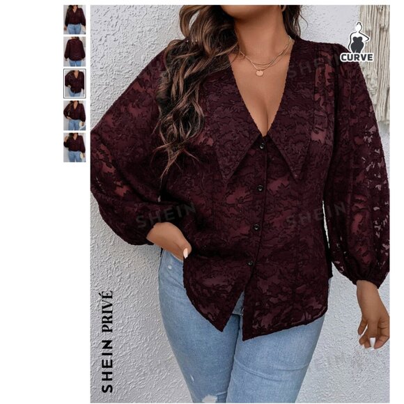 Plus Size Floral Jacquard Lantern Sleeve Blouse, Burgundy, 2X - Picture 1 of 7